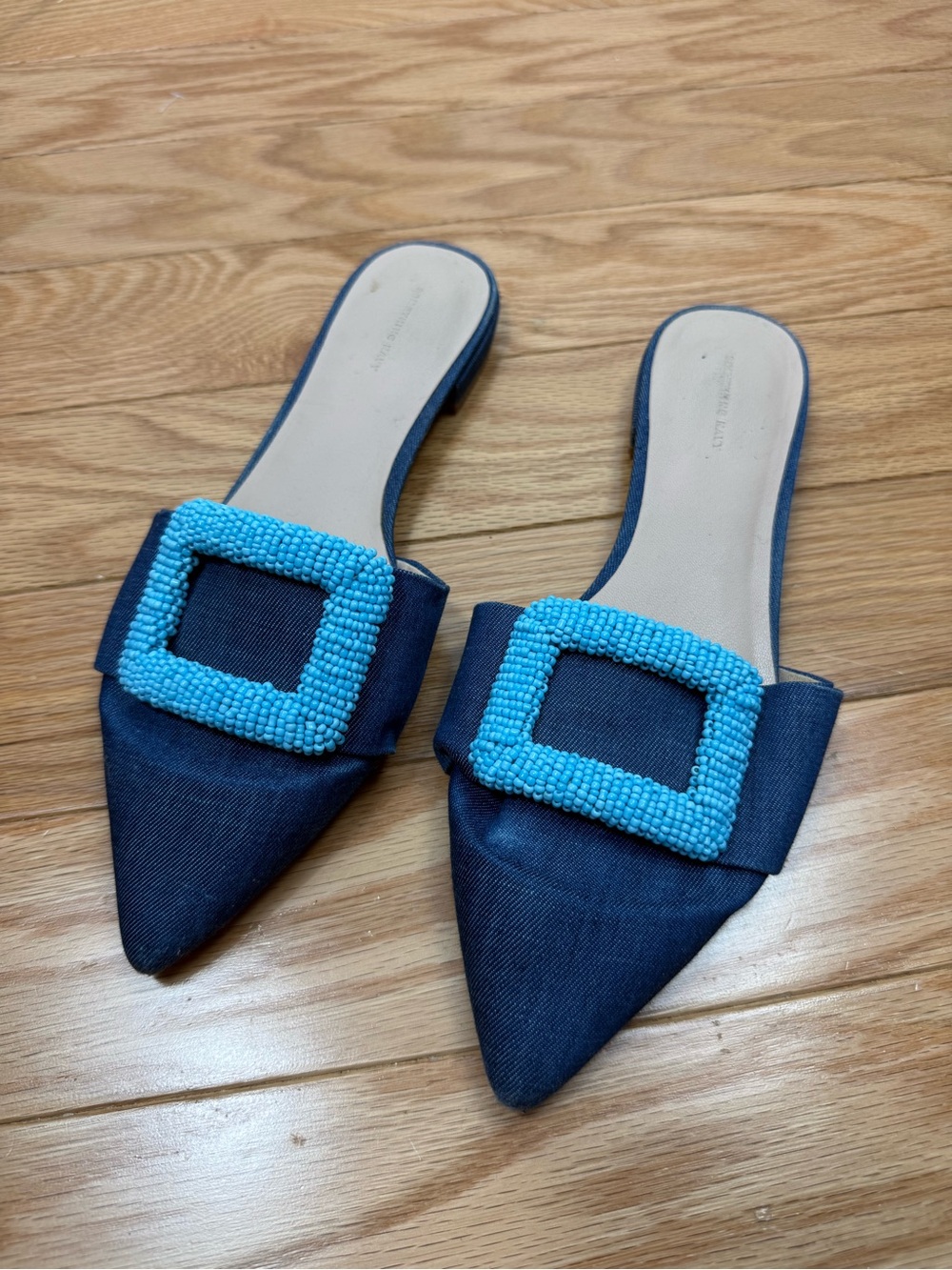 Women’s Navy Pointed Mule Slides with Turquoise Bead Buckle 7.5
